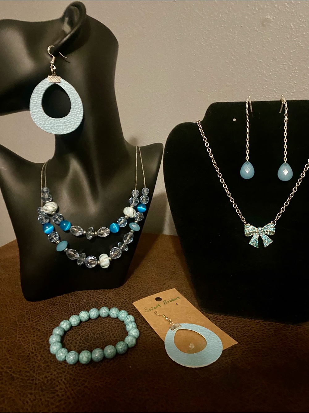 Light or Baby Blue and Silver Tone Teardrop & Beaded Women’s Jewelry Set